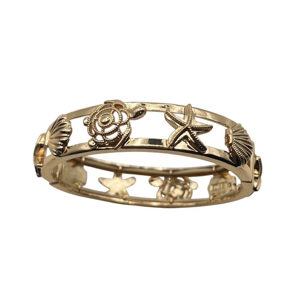 Monet Gold Tone Sea Life Bangle Bracelet Starfish Turtle Shell Elastic Nautical - Picture 4 of 6